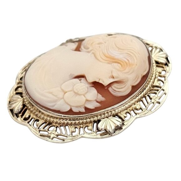 Symmetalic Sterling 12K Gold Shell Carved Cameo Brooch Pendant, Signed - Picture 3 of 11